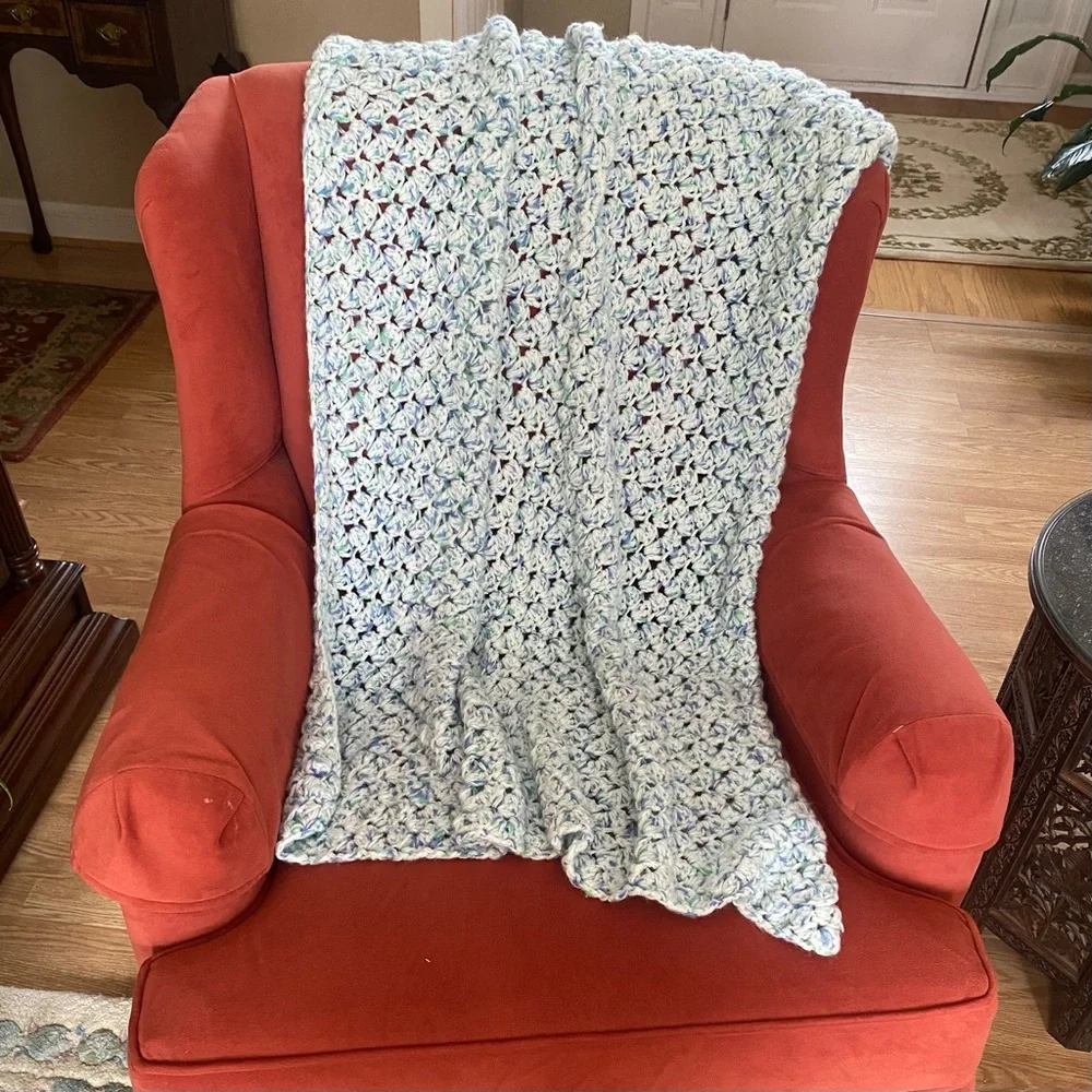 Hand Crocheted Afghan Throw Lap Blanket Blue/White (with Specks of Green)